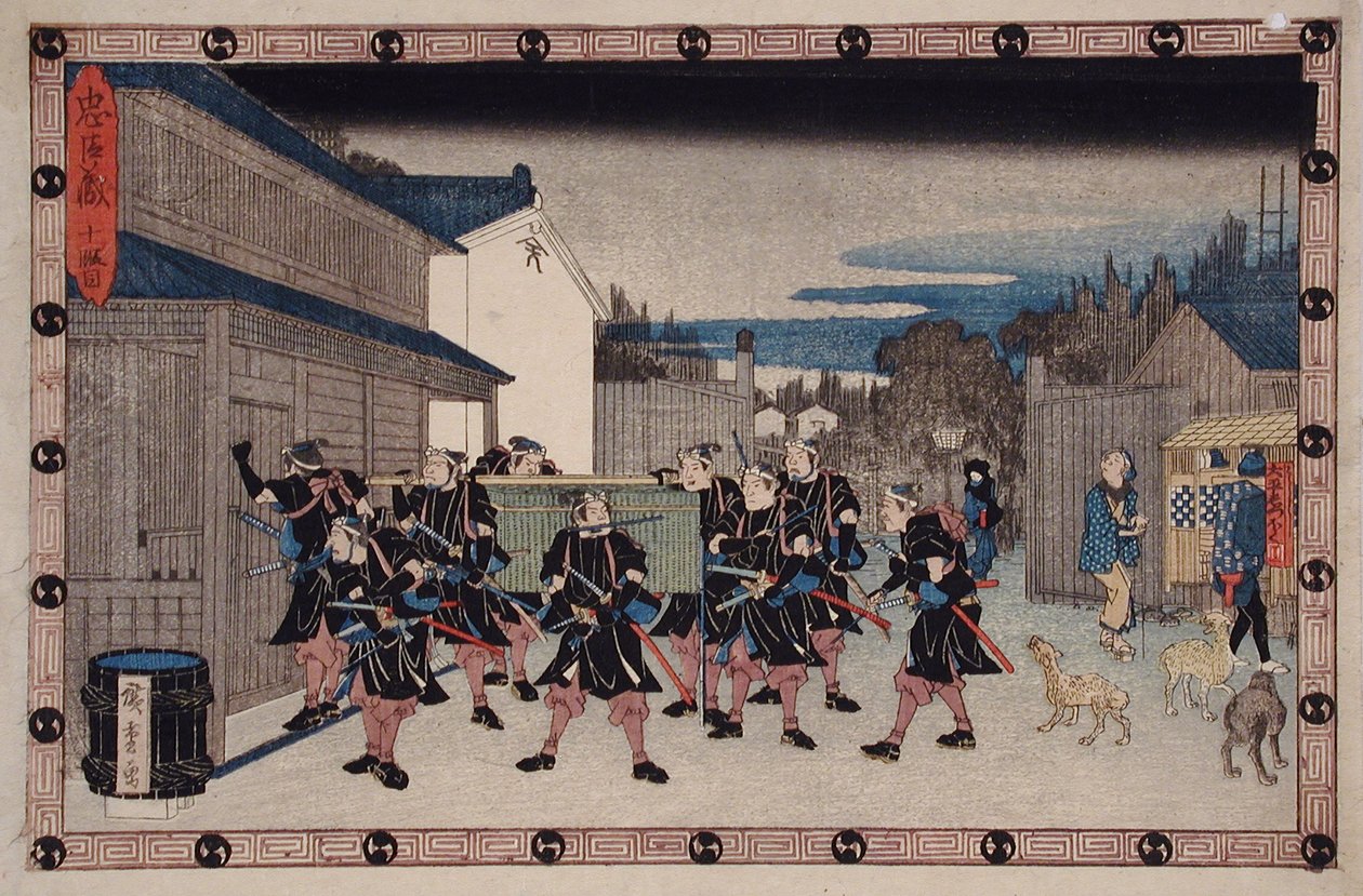 Atto X: Il rōnin che porta con sé un cesto in cui è nascosto Yuranosuke entra nella casa di Gihei da Utagawa Hiroshige