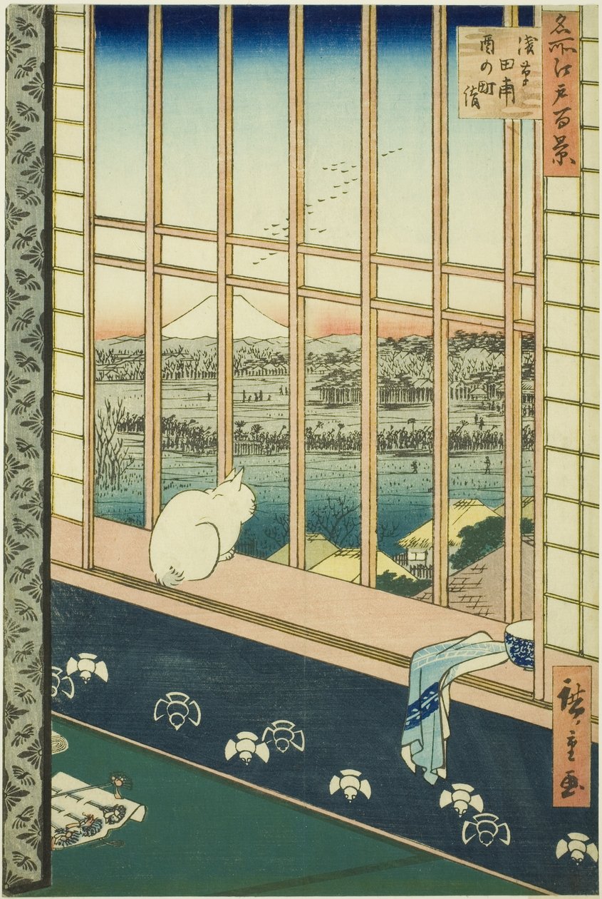 Campi di riso di Asakusa e Festival di Torinomachi (Asakusa tanbo Torinomachi mode), dalla serie "Cento famose vedute di Edo (Meisho Edo hyakkei)" da Utagawa Hiroshige