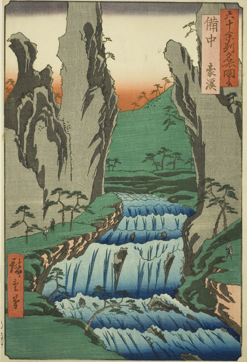 Provincia di Bitchu: Gokei (Bitchu, Gokei), dalla serie "Luoghi famosi nelle sessanta e più province (Rokujuyoshu meisho zue)" da Utagawa Hiroshige