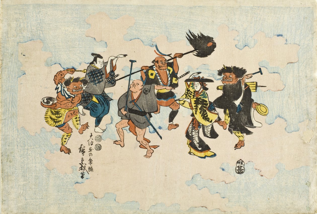 Personaggi tratti dai dipinti popolari Ōtsu-e che danzano il Bon-odori da Utagawa Hiroshige