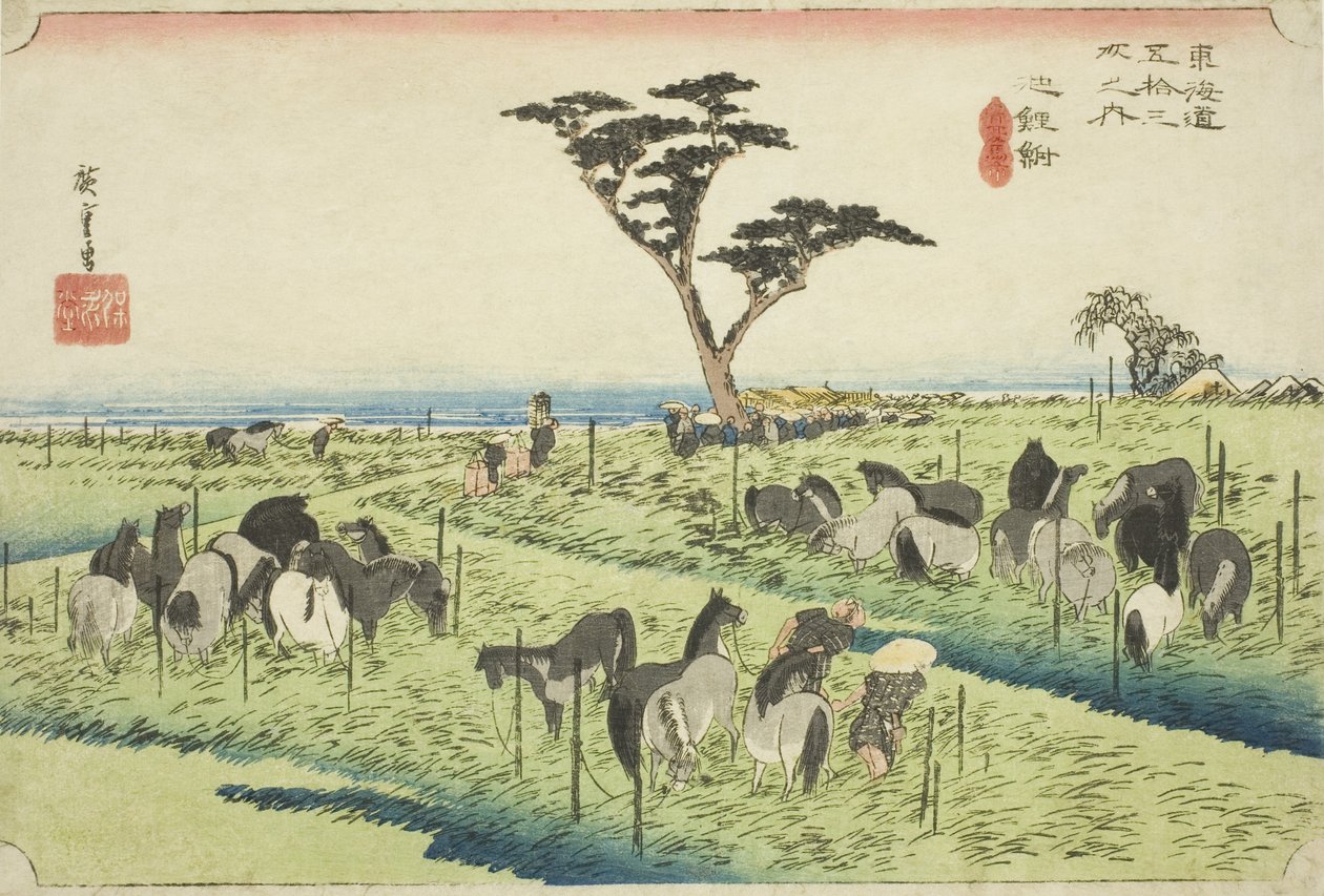 Chiryu: Mercato dei cavalli di inizio estate (Chiryu, shuka uma ichi), dalla serie "Le cinquantatré stazioni del Tokaido (Tokaido gojusan tsugi no uchi)", noto anche come Hoeido Tokaido da Utagawa Hiroshige