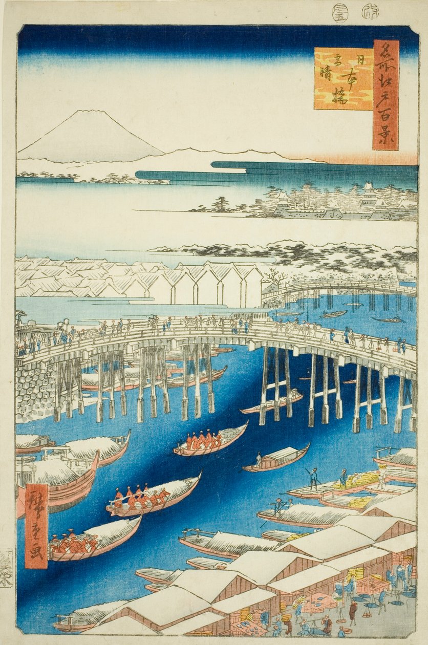 Bel tempo dopo la neve al ponte Nihon (Nihonbashi yukibare), dalla serie "Cento famose vedute di Edo (Meisho Edo hyakkei)" da Utagawa Hiroshige