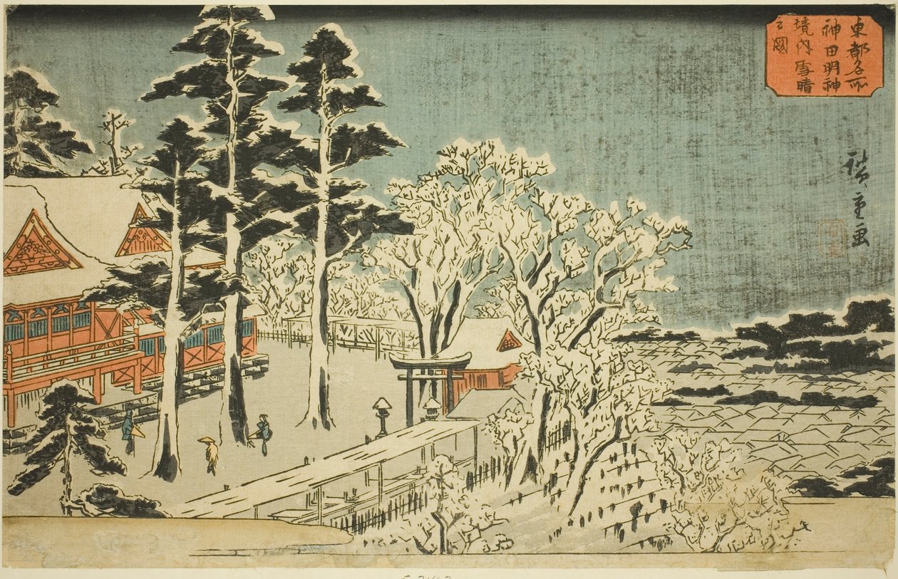Bel tempo dopo la nevicata nei pressi del santuario Kanda Myojin (Kanda Myojin keidai yukibare no zu), dalla serie "Luoghi famosi della capitale orientale (Toto meisho)" da Utagawa Hiroshige