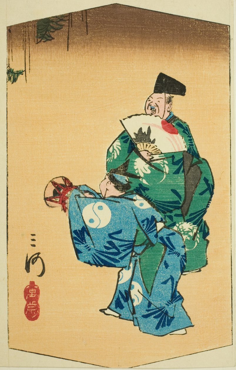 Ballerini comici nella provincia di Mikawa (Mikawa, manzai), sezione del foglio n. 4 dalla serie "Immagini ritagliate delle province (Kunizukushi harimaze zue)" da Utagawa Hiroshige
