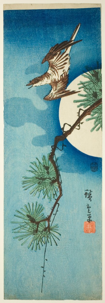 Cuculo, ramo di pino e luna piena da Utagawa Hiroshige