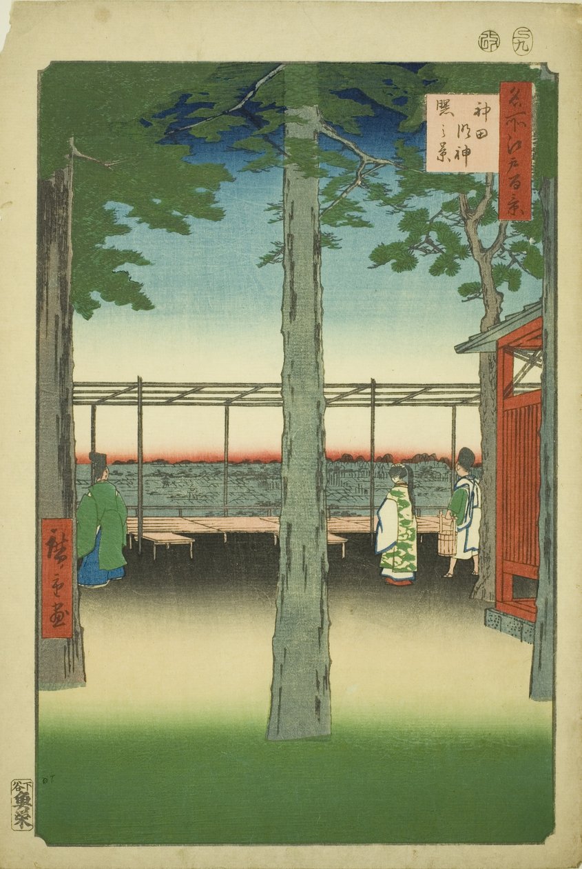 Alba al Santuario Kanda Myojin (Kanda Myojin akebono no kei), dalla serie "Cento vedute famose di Edo (Meisho Edo hyakkei)" da Utagawa Hiroshige