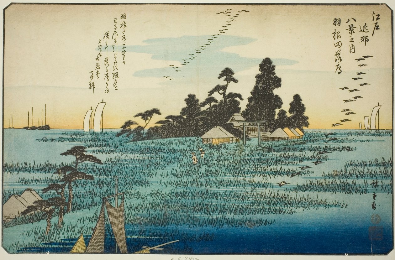 Oche in discesa a Haneda (Haneda no rakugan), dalla serie "Otto vedute nei dintorni di Edo (Edo kinko hakkei no uchi)" da Utagawa Hiroshige