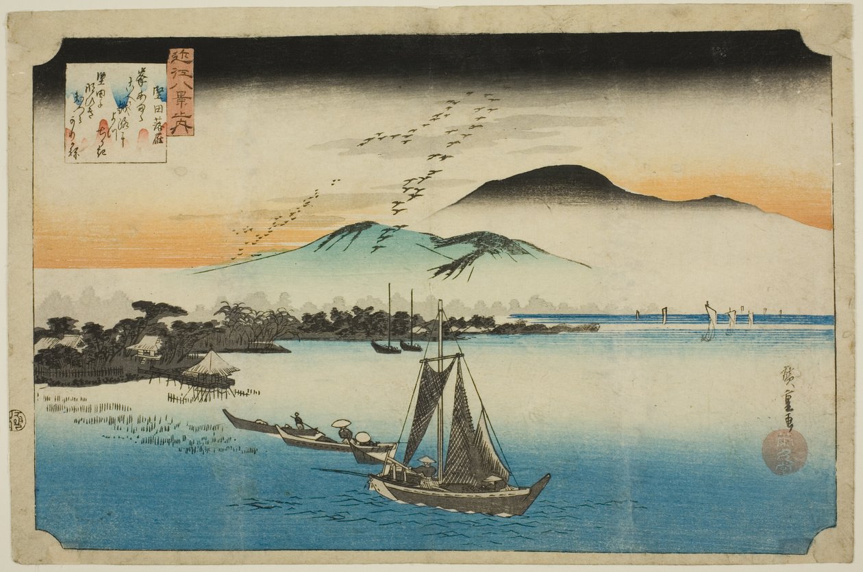 Oche in discesa a Katada (Katada rakugan), dalla serie "Otto vedute di Omi (Omi hakkei no uchi)" da Utagawa Hiroshige