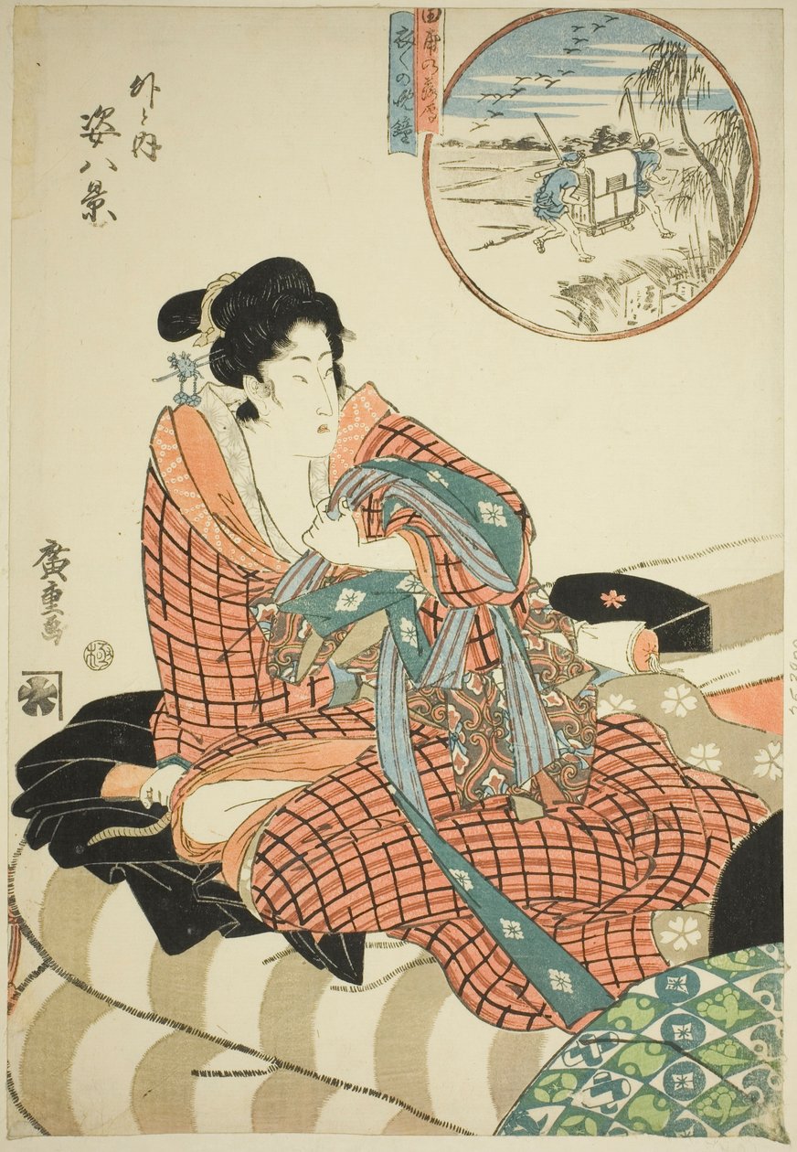 Oche discendenti nei campi di riso (Tanbo no rakugan) e Campana serale del mattino dopo (Kinuginu no bansho), dalla serie "Otto vedute di figure dentro e fuori (Soto to uchi sugata hakkei)" da Utagawa Hiroshige