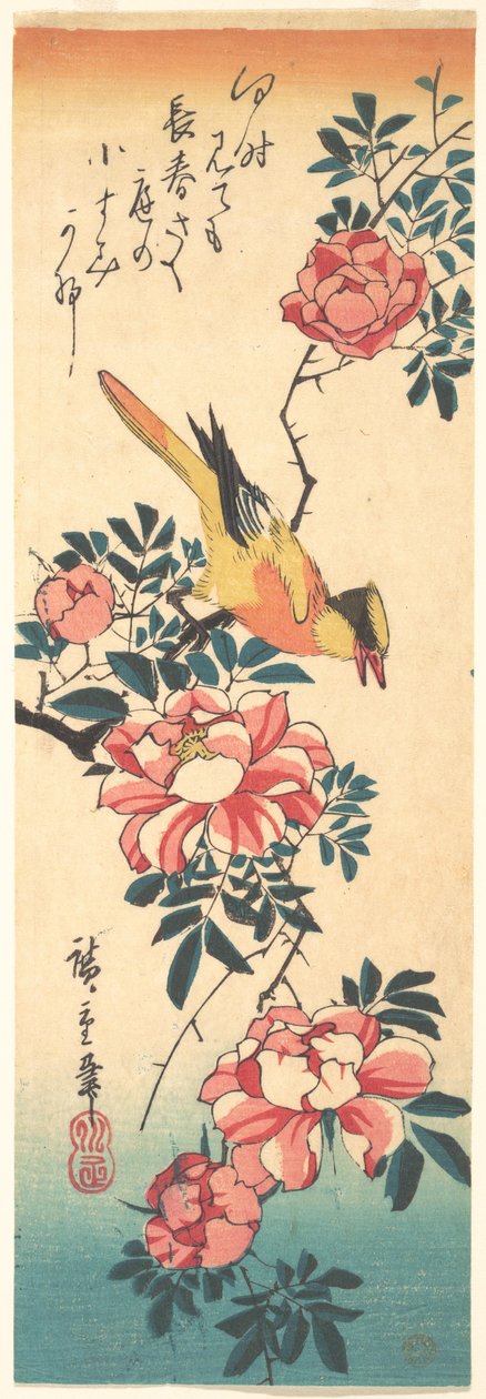 Östliche Grauwasserstelze und Rose da Utagawa Hiroshige