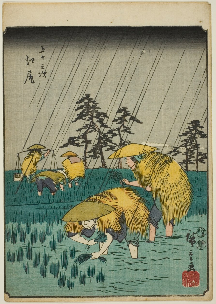 Ejiri, dalla serie "Le cinquantatré stazioni del Tokaido (Gojusan tsugi)," noto anche come il Tokaido delle figure (Jinbutsu Tokaido) da Utagawa Hiroshige