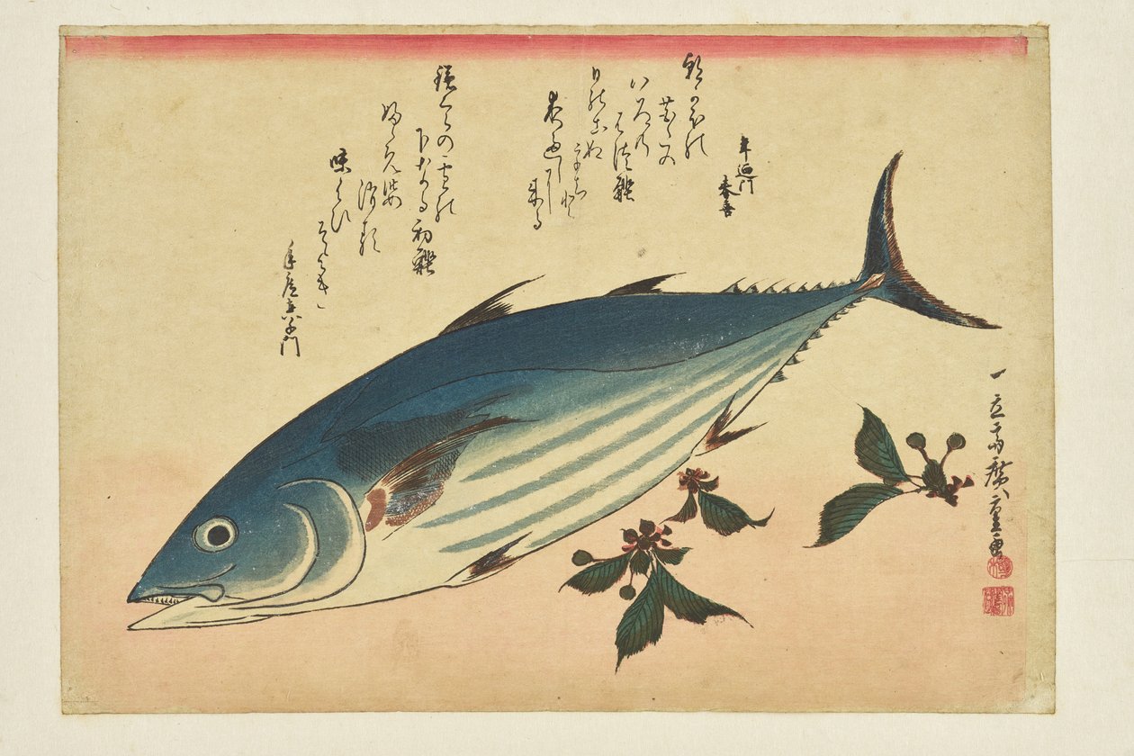 Stampa con motivi ittici: bonito e ciliegie dalla serie «Un banco di pesci» da Utagawa Hiroshige