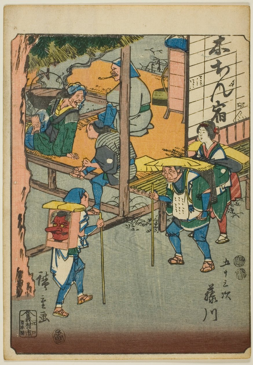 Fujikawa, dalla serie "Le cinquantatré stazioni [del Tokaido] (Gojusan tsugi)", noto anche come il Tokaido delle figure (Jinbutsu Tokaido) da Utagawa Hiroshige