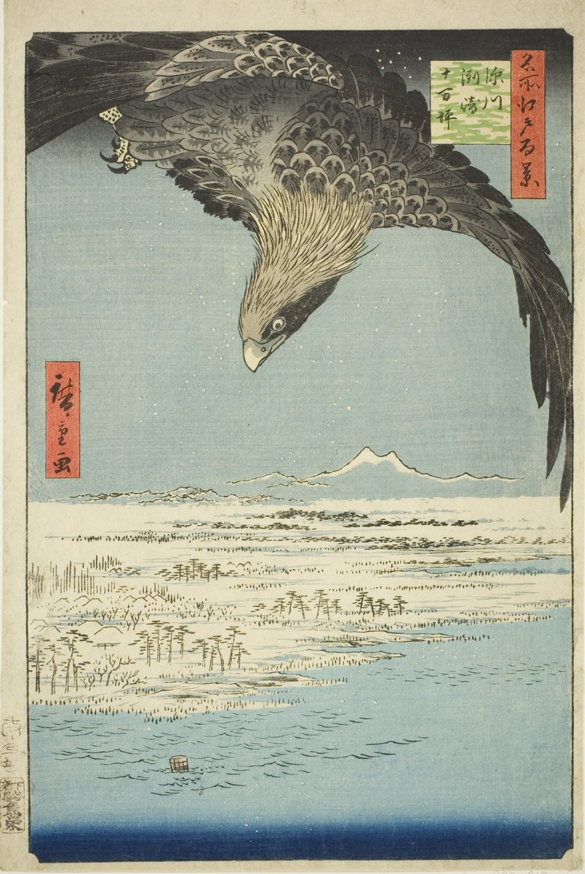 Fukagawa Susaki e Jumantsubo (Fukagawa Susaki Jumantsubo), dalla serie "Cento vedute famose di Edo (Meisho Edo hyakkei)" da Utagawa Hiroshige