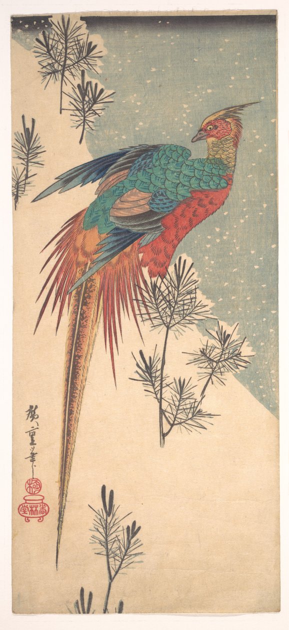 Fagiano dorato e germogli di pino sulla neve da Utagawa Hiroshige