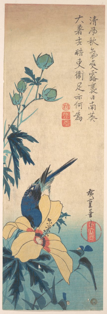 Ibisco e uccellino azzurro da Utagawa Hiroshige