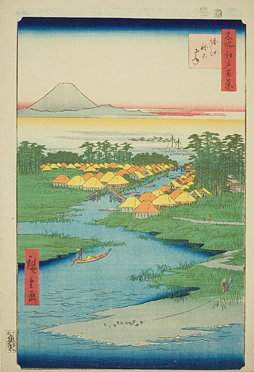 Horie e Nekozane (Horie Nekozane), n. 96 della serie "Cento vedute famose di Edo (Meisho Edo hyakkei)". da Utagawa Hiroshige