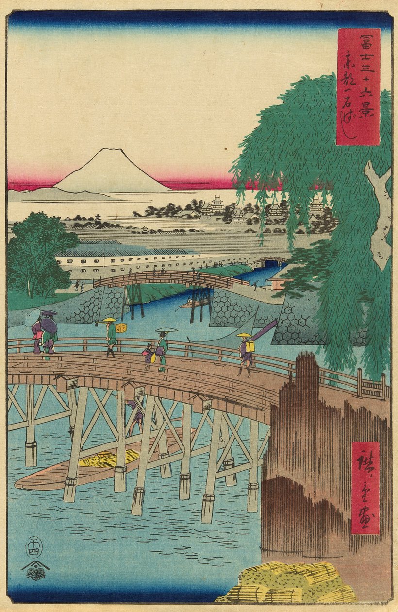 Ponte Ichikoku nella capitale orientale (Toto Ichikokubashi), dalla serie "Trentasei vedute del Monte Fuji (Fuji sanjurokkei)" da Utagawa Hiroshige