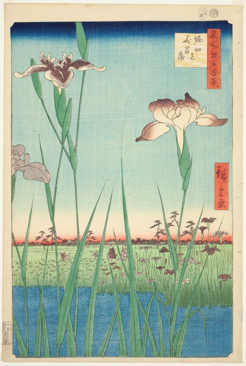 Iris a Horikiri (Horikiri no hanashobu), dalla serie "Cento vedute famose di Edo (Meisho Edo hyakkei)" da Utagawa Hiroshige