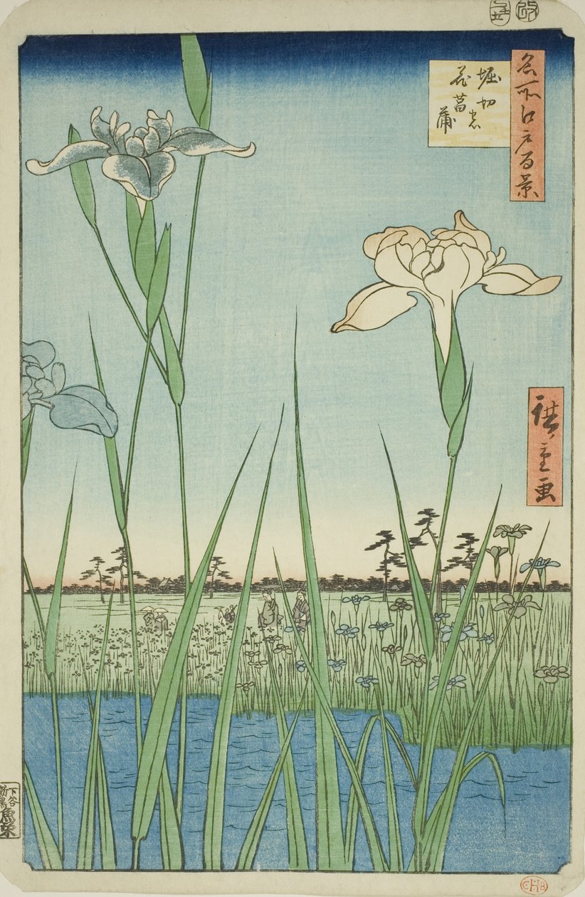 Iris a Horikiri (Horikiri no hanashobu), dalla serie "Cento Vedute Famose di Edo (Meisho Edo hyakkei)" da Utagawa Hiroshige