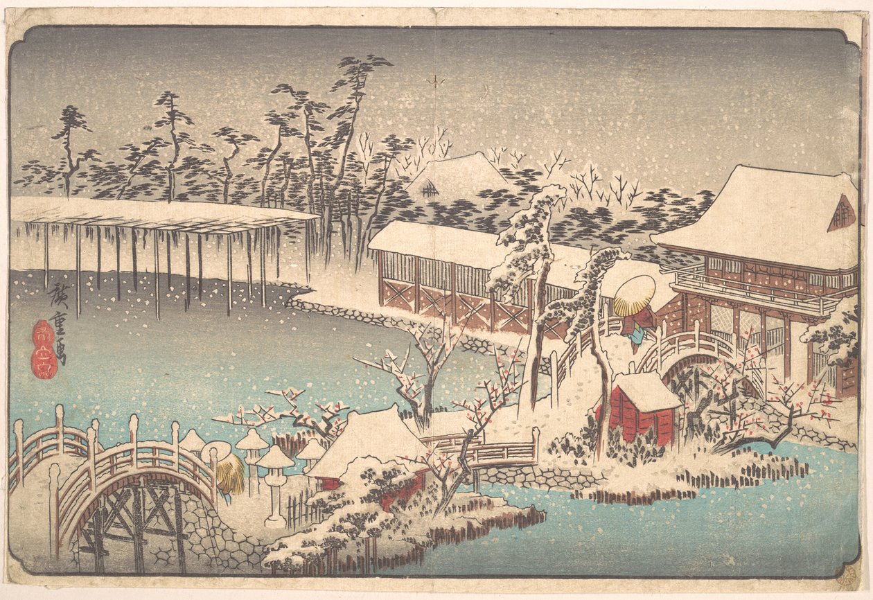 Neve nel recinto del Kameido Tenmangū da Utagawa Hiroshige