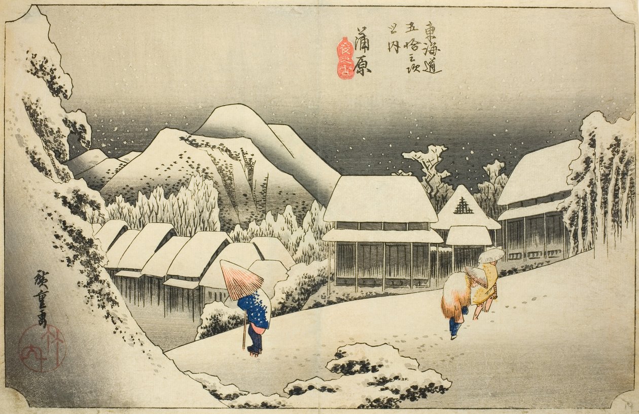 Kanbara: Neve serale (Kanbara, yoru no yuki), dalla serie "Le cinquantatré stazioni del Tokaido (Tokaido gojusan tsugi no uchi)", noto anche come il Tokaido Hoeido da Utagawa Hiroshige
