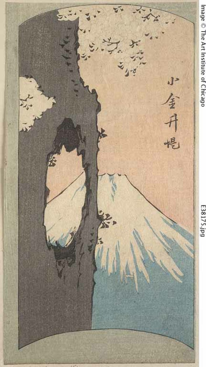 Koganei, sezione di un foglio dalla serie "Immagini ritagliate di luoghi famosi di Edo (Edo meisho harimaze zue)" da Utagawa Hiroshige