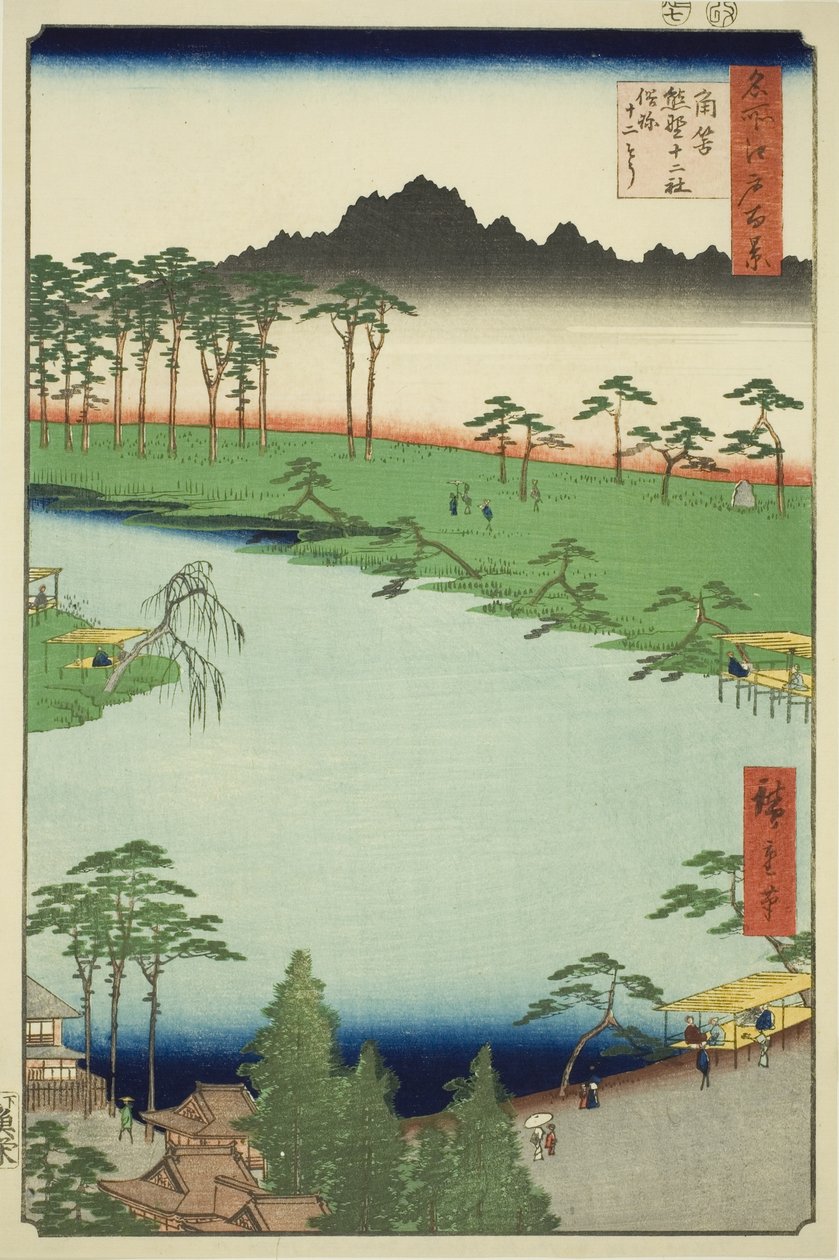 Santuario Kumano Junisha a Tsunohazu, noto popolarmente come Juniso (Tsunohazu Kumano Junisha, zokusho Juniso), dalla serie "Cento vedute famose di Edo (Meisho Edo hyakkei)" da Utagawa Hiroshige