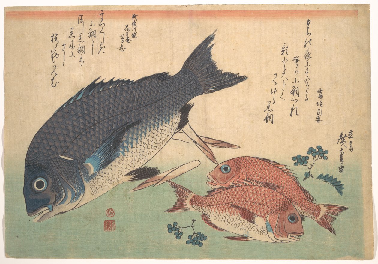 Pesce Kurodai e Kodai con germogli di bambù e bacche, dalla serie “Uozukushi” (Tutte le varietà di pesce) da Utagawa Hiroshige
