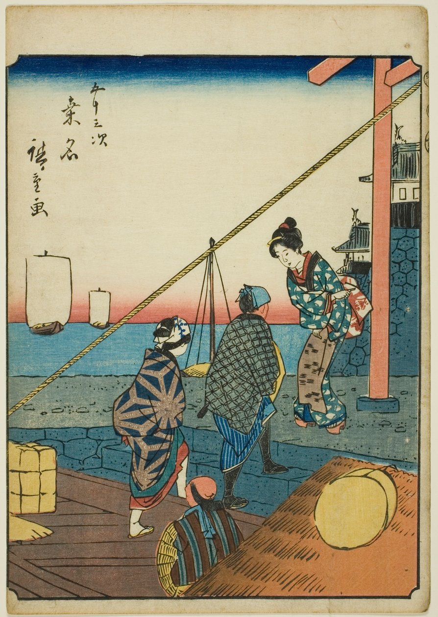 Kuwana, dalla serie "Cinquantaquattro stazioni [del Tokaido] (Gojusan tsugi)," conosciuta anche come il Tokaido delle figure (Jinbutsu Tokaido) da Utagawa Hiroshige
