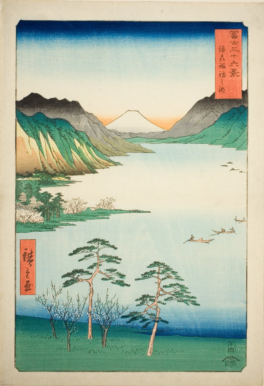 Lago Suwa nella provincia di Shinano, dalla serie "Trentasei vedute del Monte Fuji" da Utagawa Hiroshige