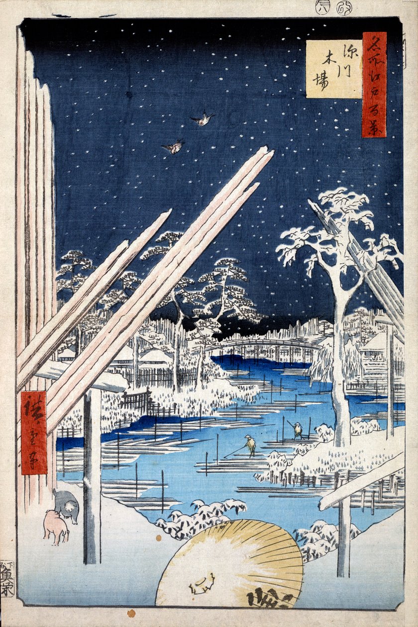 Depositi di legname a Fukagawa, Cento vedute famose di Edo da Utagawa Hiroshige
