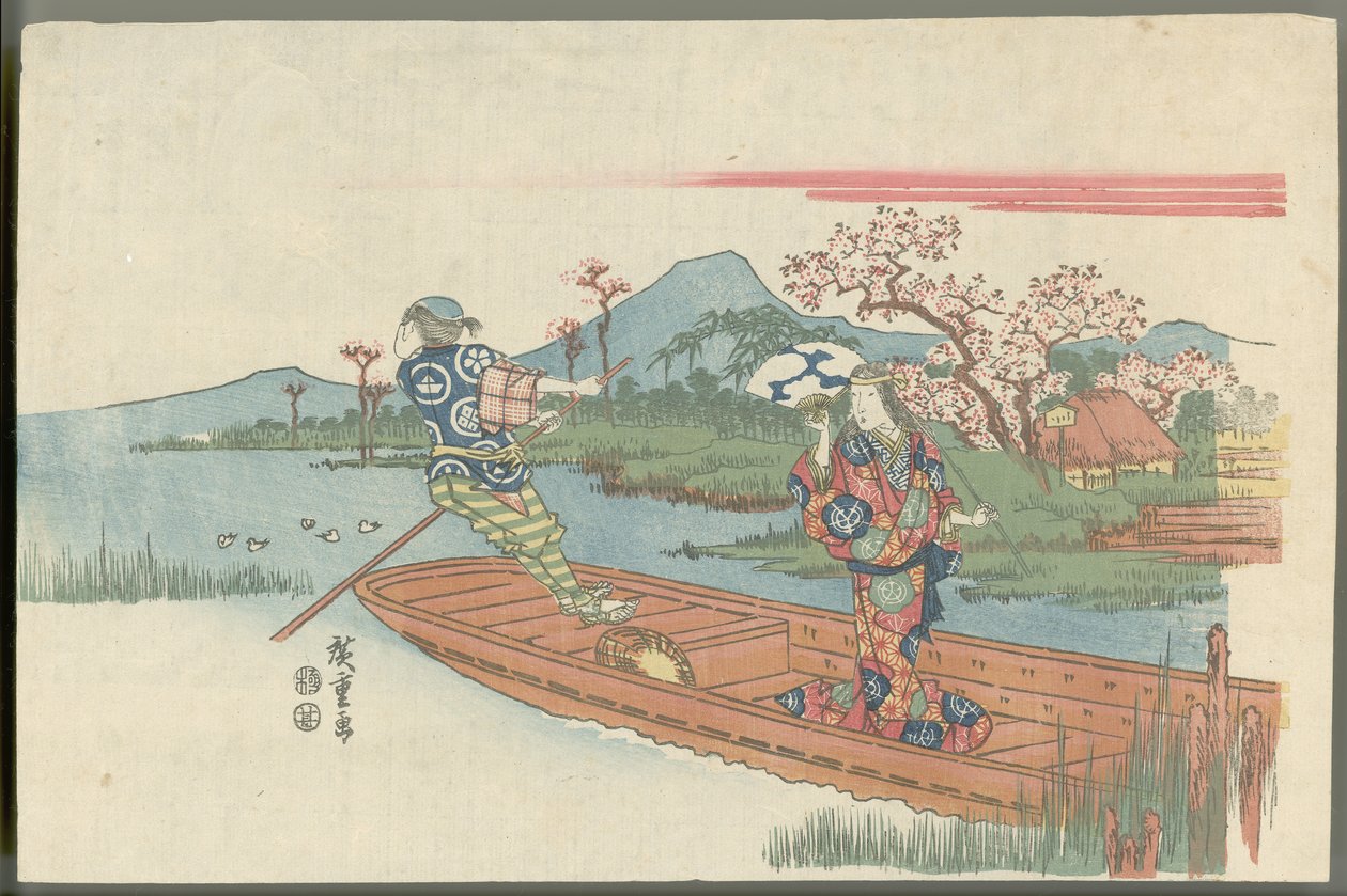 Donna folle su un traghetto presso il tempio Mokubōji (scena dal dramma nō Sumidagawa) da Utagawa Hiroshige