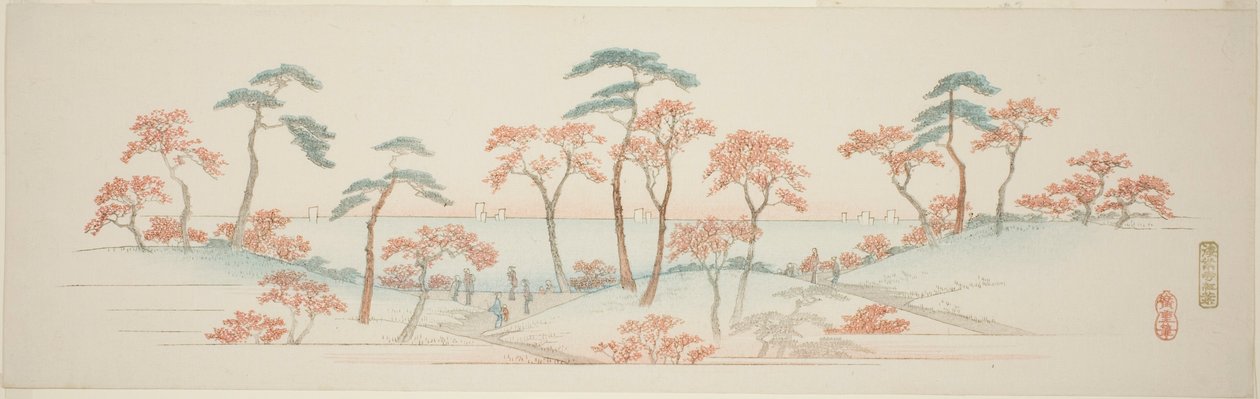 Aceri al Tempio Kaianji (Kaianji koyo), da una serie senza titolo di vedute famose dei sobborghi di Edo da Utagawa Hiroshige