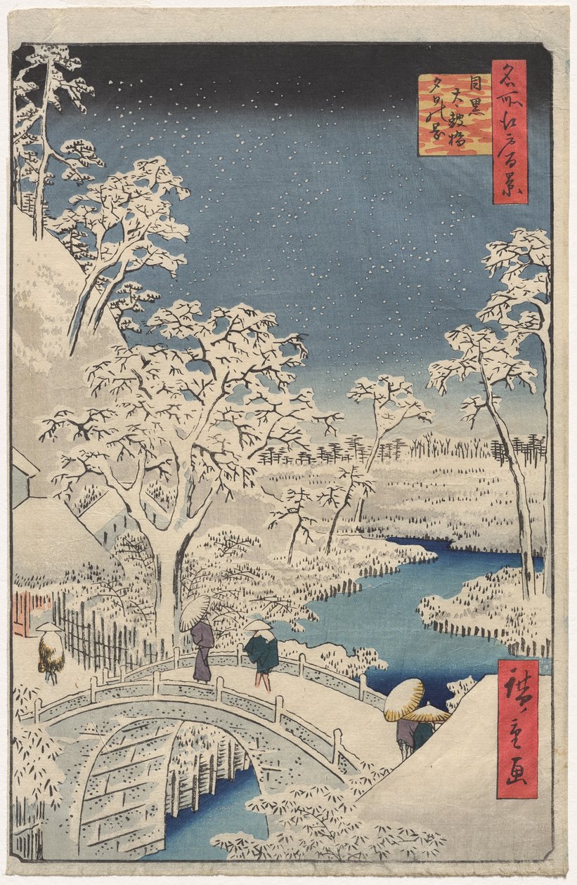 Immagine del crepuscolo al Ponte del Tamburo a Meguro, dalla serie 100 vedute di luoghi famosi a Edo da Utagawa Hiroshige