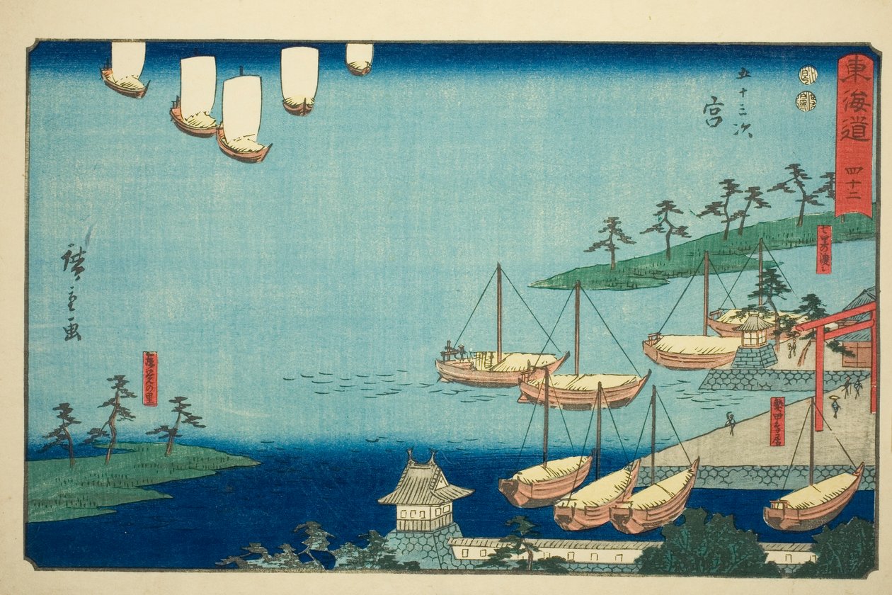 Miya: Traghetto di Shichiri, Porta al Santuario di Atsuta e Villaggio di Nezame (Miya, Shichiri no watashi, Atsuta no torii, Nezame no sato)—No. 42, dalla serie "Le cinquantatré stazioni del Tokaido (Tokaido gojusan tsugi)", noto anche come il Reisho Tokai da Utagawa Hiroshige