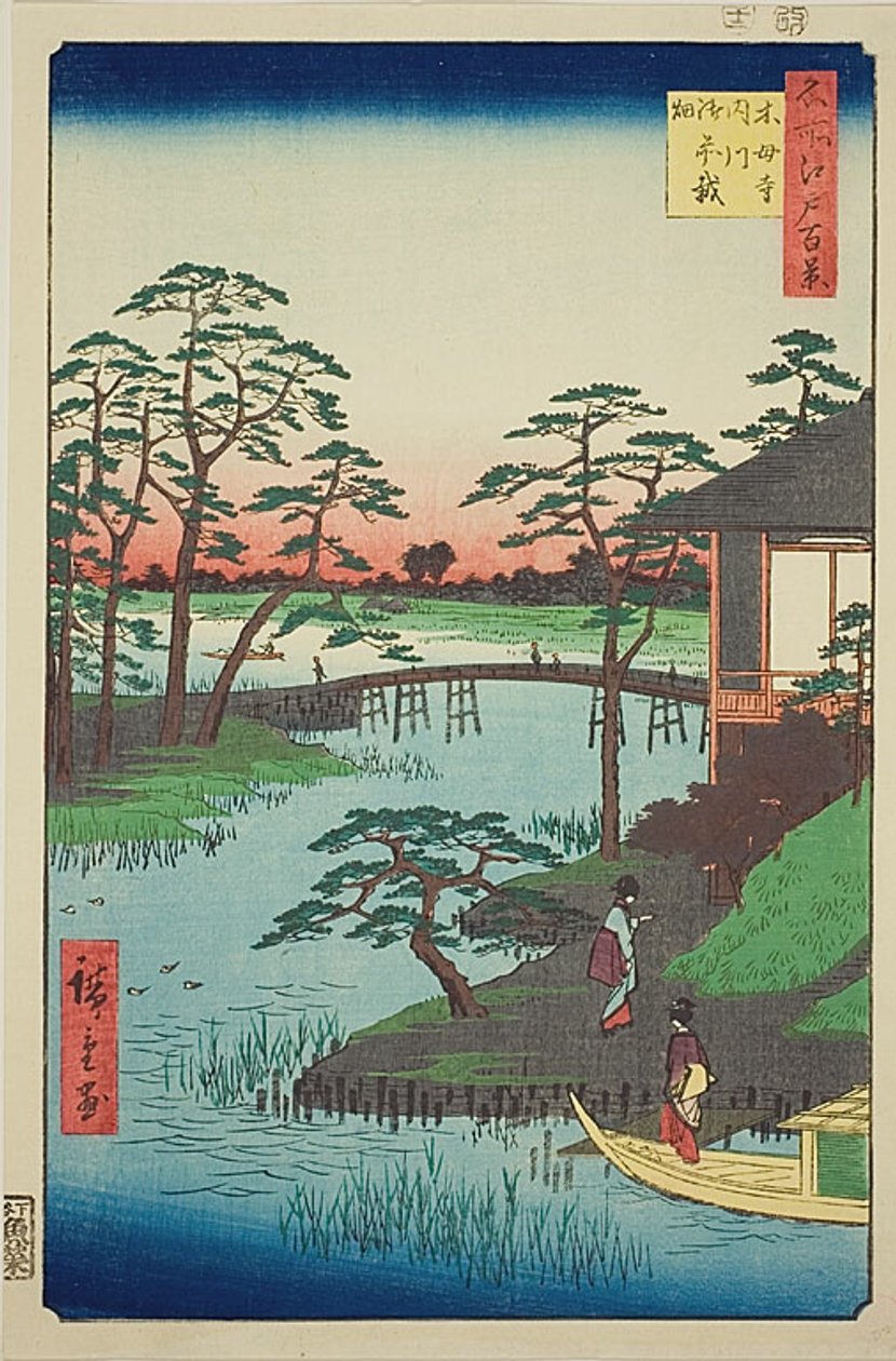Tempio di Mokubo, insenatura di Uchigawa, Gozensaihata (Mokuboji Uchigawa Gozensaihata), n. 92 della serie "Cento vedute famose di Edo (Meisho Edo hyakkei)". da Utagawa Hiroshige