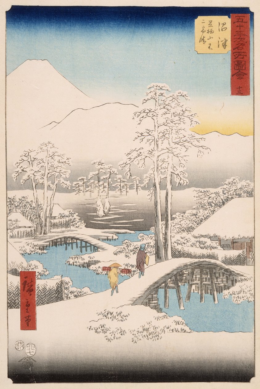Il Monte Fuji e il Monte Ashigara visti da Numazu in una giornata serena dopo una nevicata da Utagawa Hiroshige
