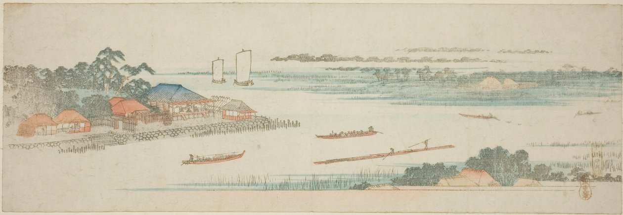 Foce del fiume Naka (Nakagawa guchi no zu), da una serie senza titolo di vedute famose dei sobborghi di Edo da Utagawa Hiroshige