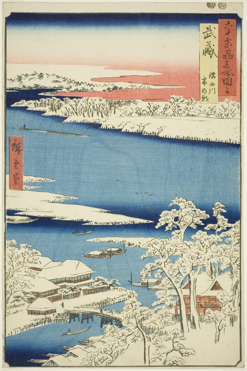 Provincia di Musashi: Mattina dopo la neve sul fiume Sumida (Musashi, Sumidagawa yuki no ashita), dalla serie "Luoghi famosi nelle sessanta e più province (Rokujuyoshu meisho zue)" da Utagawa Hiroshige