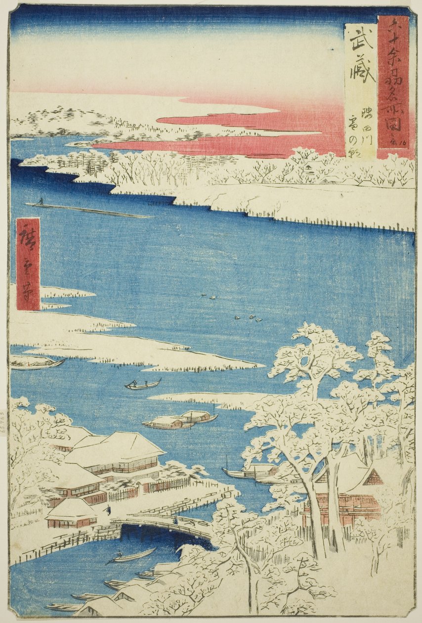 Provincia di Musashi: Mattina dopo la Neve sul Fiume Sumida (Musashi, Sumidagawa yuki no ashita), dalla serie "Luoghi Famosi nelle Sessanta e Più Province (Rokujuyoshu meisho zue)" da Utagawa Hiroshige