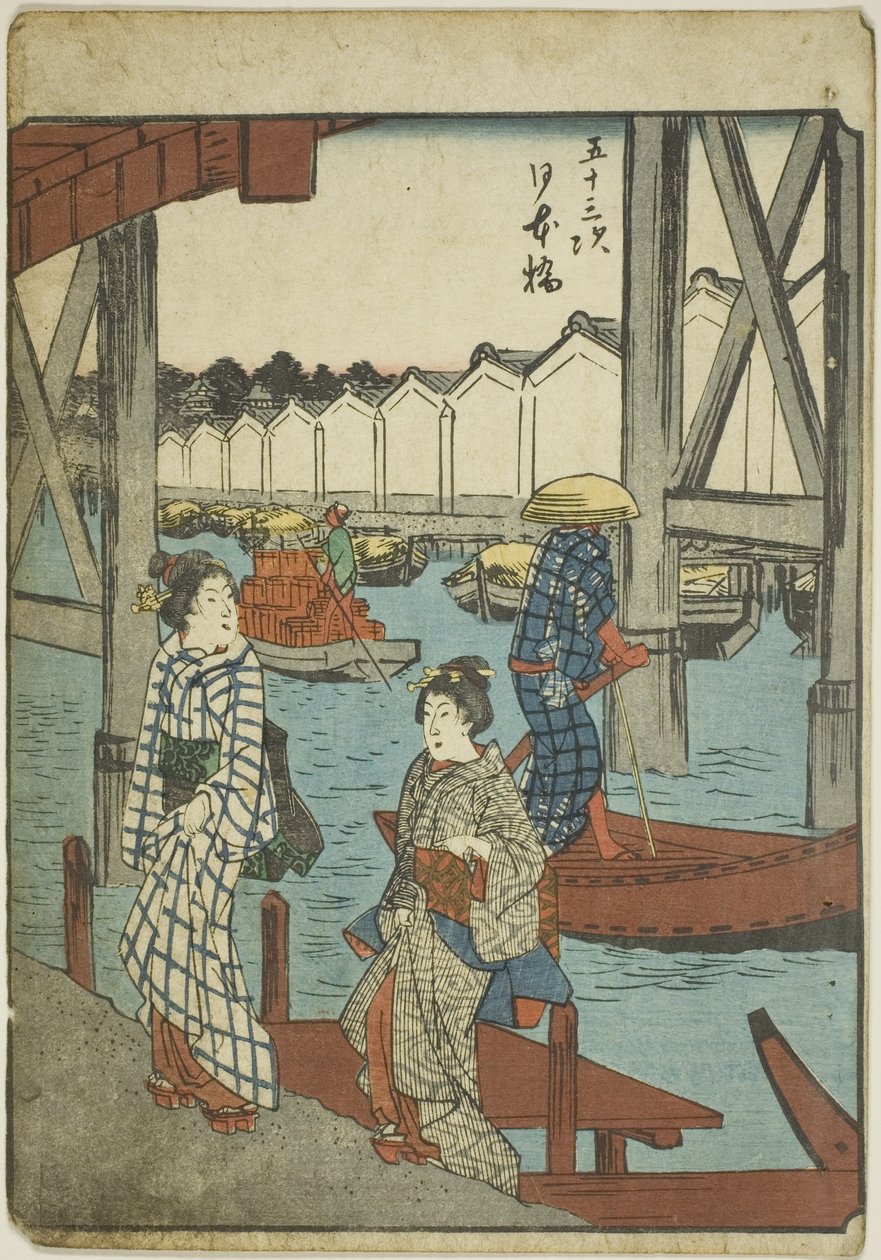 Ponte Nihon (Nihonbashi), dalla serie "Le cinquantatré stazioni [del Tokaido] (Gojusan tsugi)," noto anche come il Tokaido delle figure (Jinbutsu Tokaido) da Utagawa Hiroshige