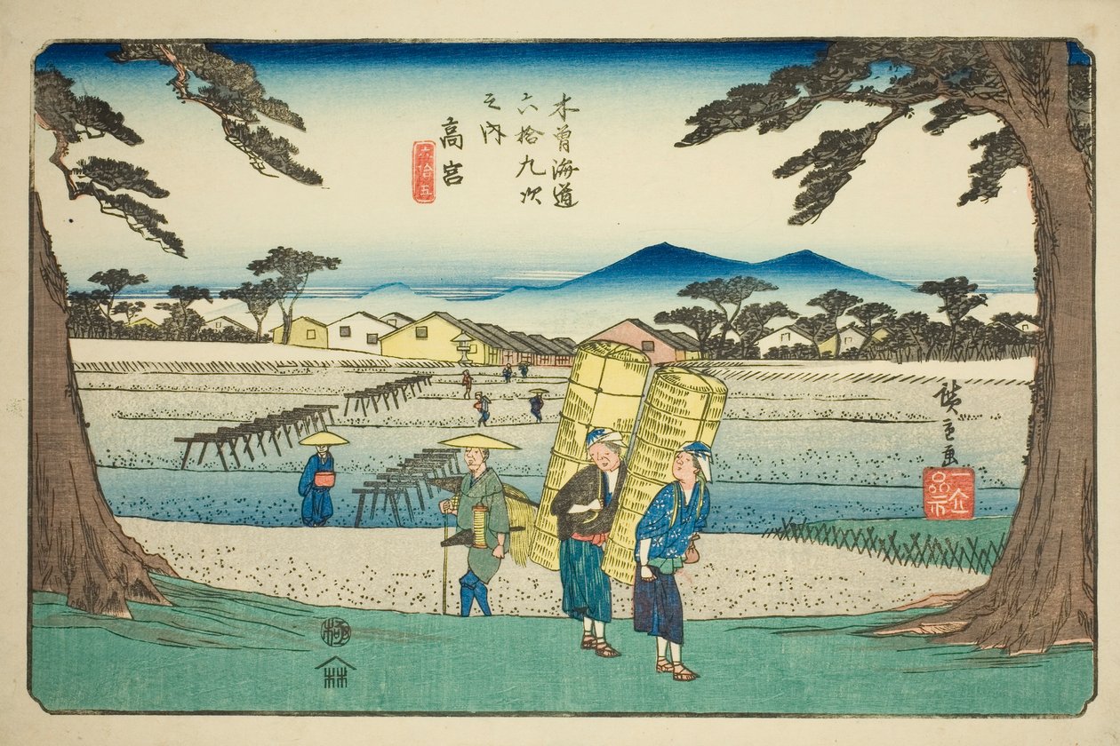 No. 65: Takamiya, dalla serie "Sessantanove stazioni del Kisokaido (Kisokaido rokujukyu tsugi no uchi)" da Utagawa Hiroshige