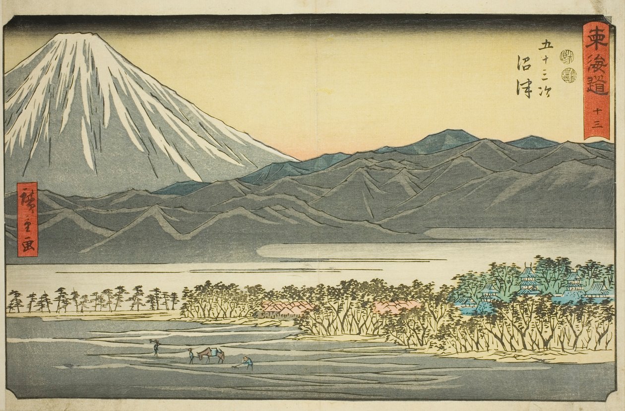 Numazu—No. 13, dalla serie "Le cinquantatré stazioni del Tokaido (Tokaido gojusan tsugi)", conosciuta anche come il Reisho Tokaido da Utagawa Hiroshige
