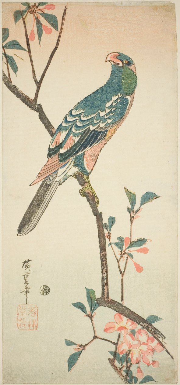 Pappagallo su un ramo fiorito da Utagawa Hiroshige