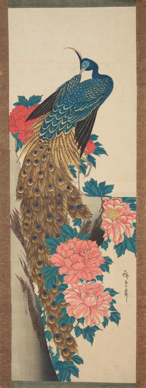 Il pavone e i fiori di peonia / Botan ni kujaku da Utagawa Hiroshige