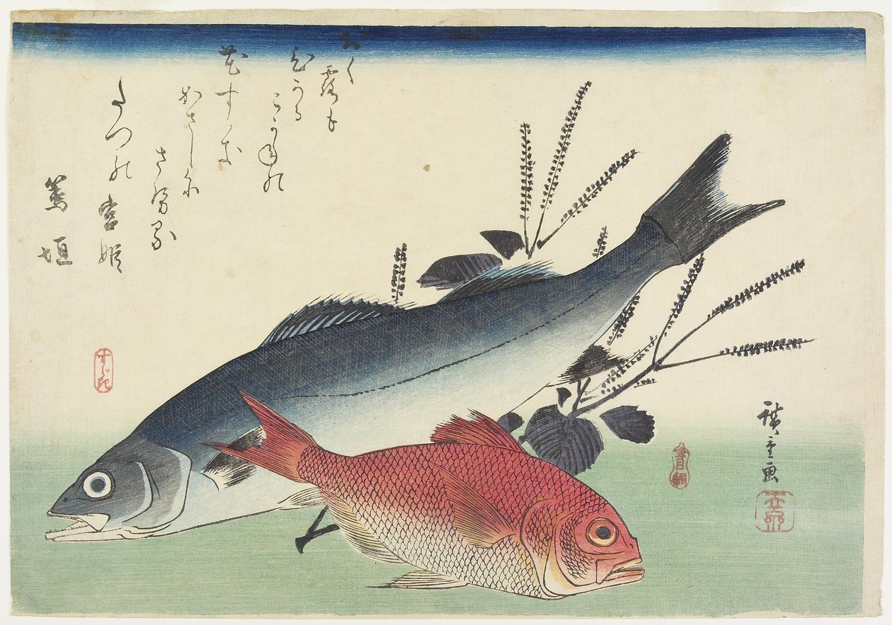 Dentice rosso, branzino e perilla, c. 1840 da Utagawa Hiroshige