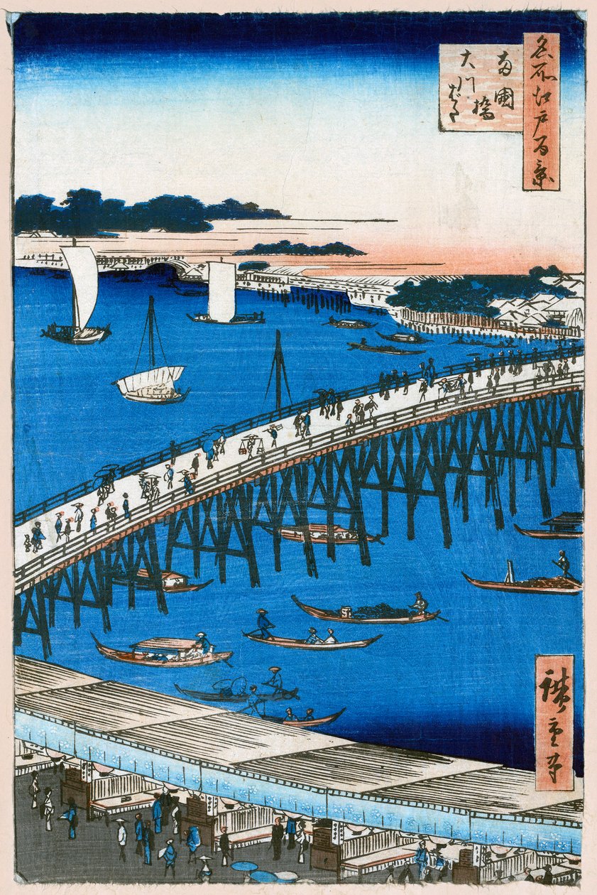 Riva del fiume al ponte di Ryogoku, Cento vedute famose di Edo, 1856-1858 da Utagawa Hiroshige