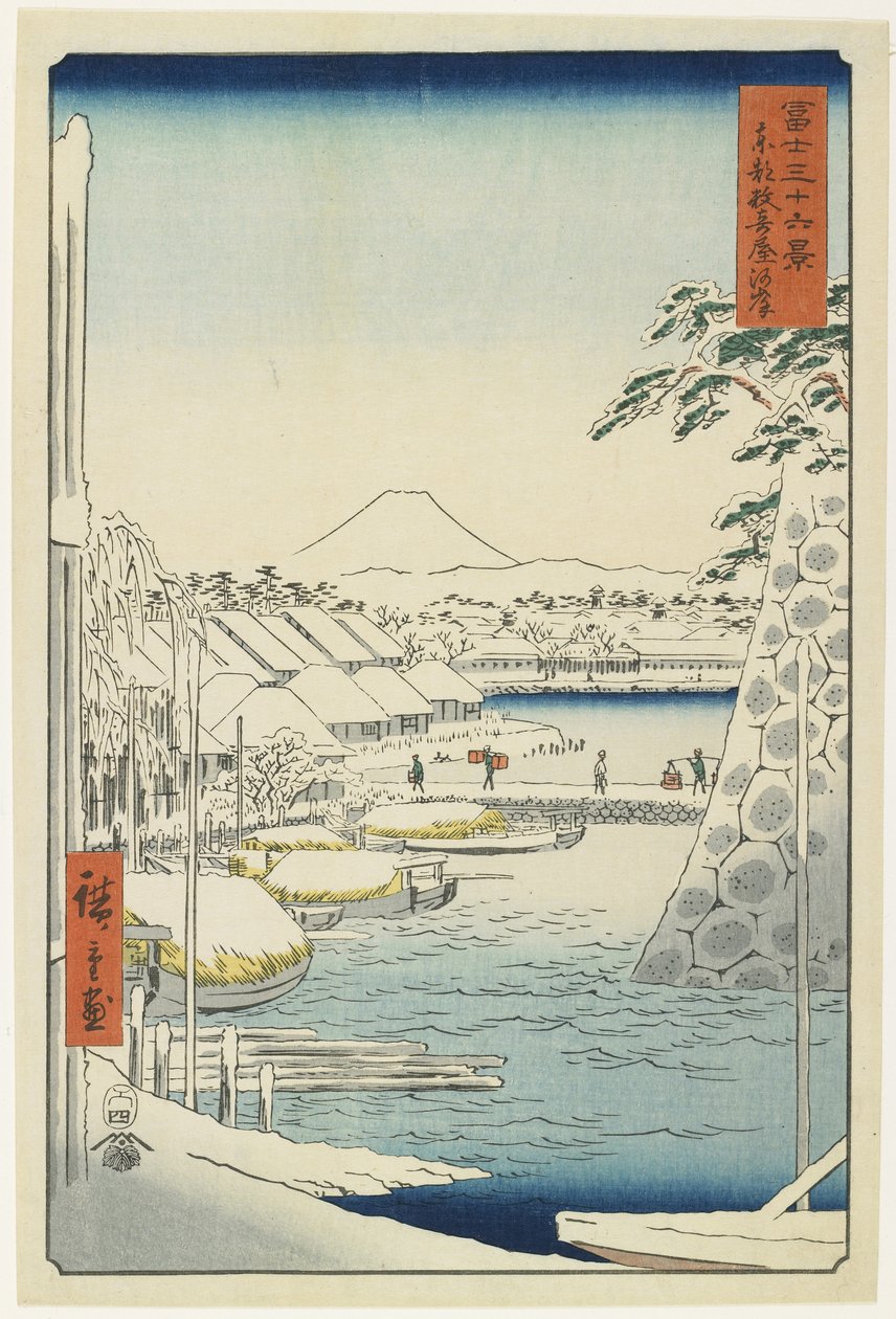 Riva del fiume di Sukiya nella capitale orientale, aprile 1858 da Utagawa Hiroshige