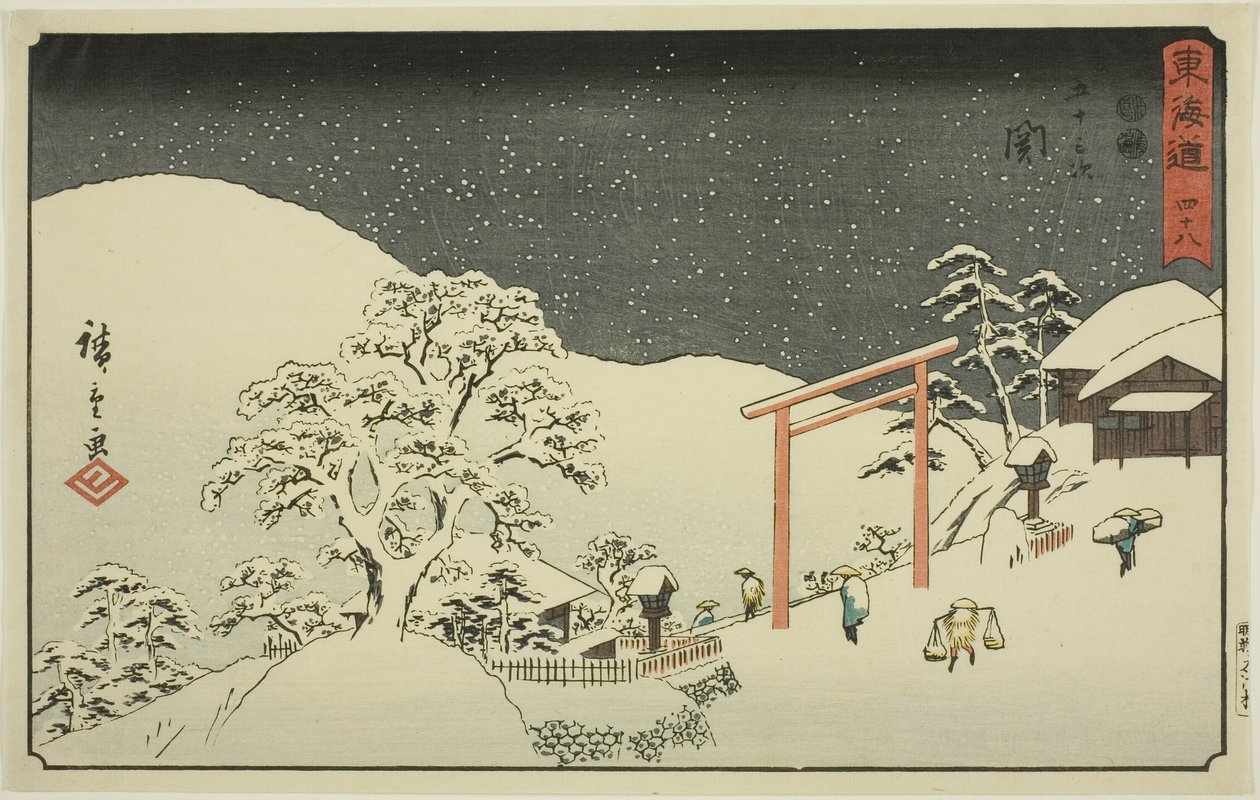 Seki—No. 48, dalla serie "Le cinquantatré stazioni del Tokaido (Tokaido gojusan tsugi)," anche conosciuta come il Tokaido Reisho da Utagawa Hiroshige